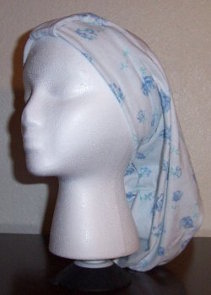 hat snood in blue floral on white