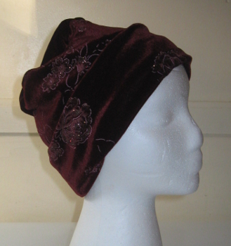 Burgundy Sparkle Print Stretch Velvet Roll-Brim Hat