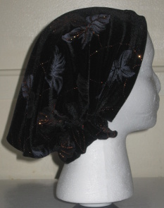 Gold Glitter Leaf Print on Black Stretch Velvet Pre-tied Tichel